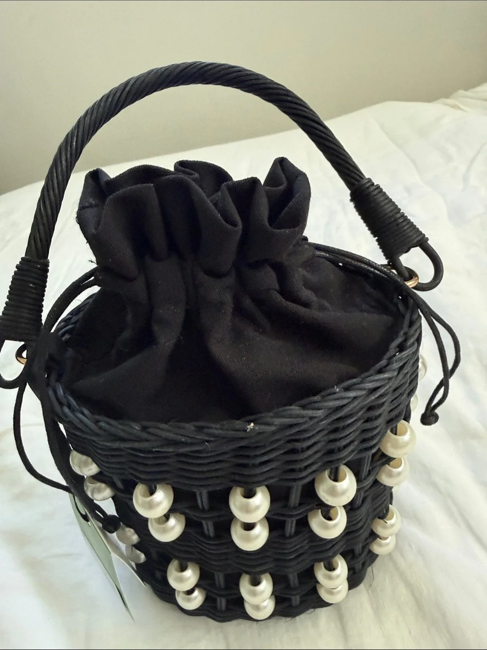 kate spade Black Wicker Bucket Bag with Pearl Accents